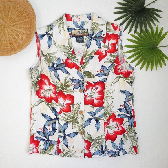 Havana Jack Cafe Tops - Vintage Havana Jack Cafe Women's Red Hibiscus Sleeveless Button Down Petite S